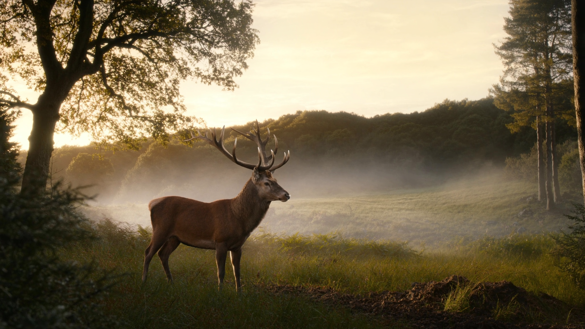 Red deer stag in a misty British woodland at dawn